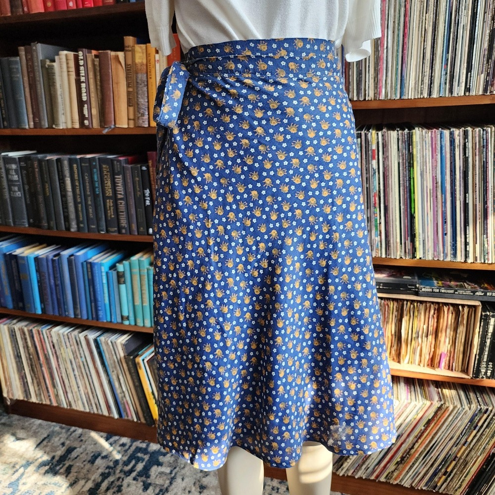 Vintage‎ 60s Handmade Blue Floral Cotton Wrap Skirt Mod Below Knee S/M